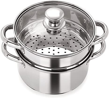 Couscousier INOX 18/10 - 4L - 2 étages Vapeur - induction et gaz - Avec Couvercle Verre